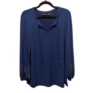 Susan Graver Artisan Royal Blue Studded Cuff Tunic Blouse Tie Neck Womens L